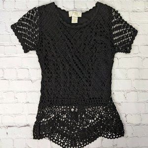 Vintage Kroshetta by Papillon Retro Boho Crochet Top Black Size Petite Small